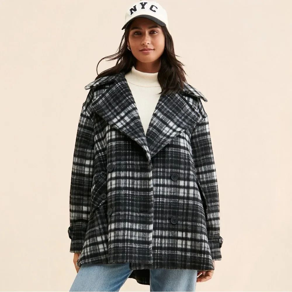 Free People Jacket Highlands Wool Pea Coat Plaid Black Size Large NWT